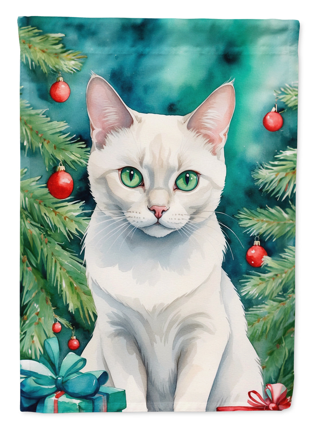Foreign White Cat By the Christmas Tree Garden Flag