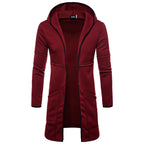 Men's Hooded Mid-Length Solid Color Cardigan Sweater