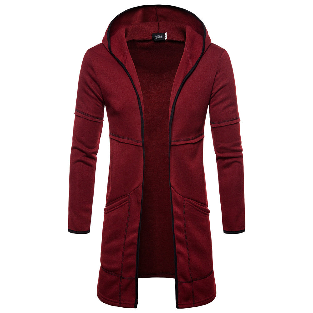 Men's Hooded Mid-Length Solid Color Cardigan Sweater