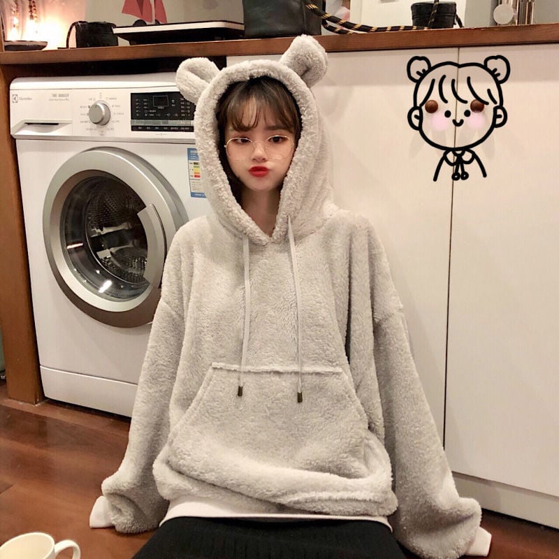 Bear Ears Hooded Fleece Sweater in Lamb Wool