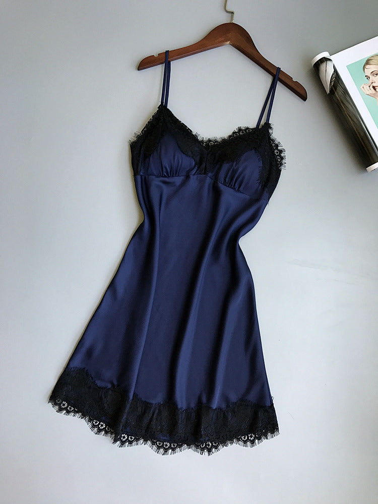Silk Lace Trim V-Neck Nightgown with Cups (Summer)