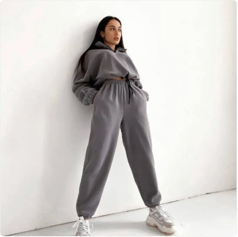 Loose Zip Stand Collar Sweater Set