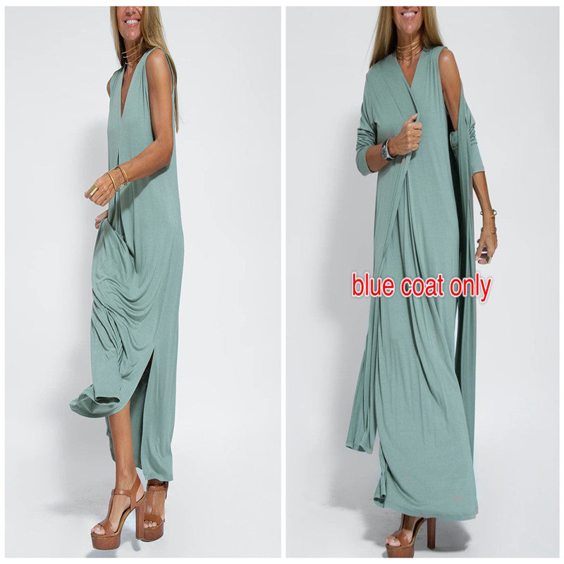 Olid Color V-neck Pullover Dress Cardigan Jacket | Streetwear