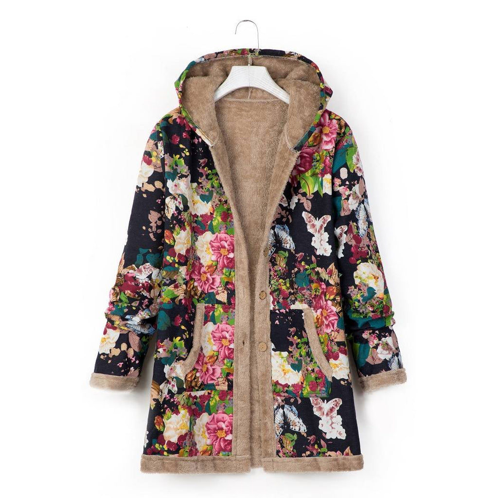 Women's Hooded Cotton Linen Print Plush Sweatshirt
