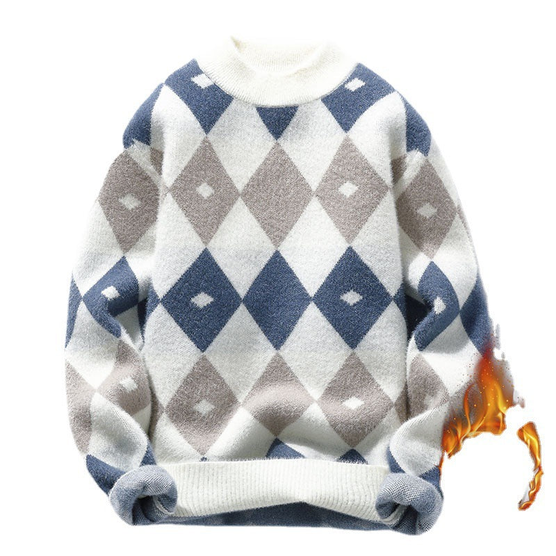 Personalized Men's Plush Thick Sweater with Round Neck