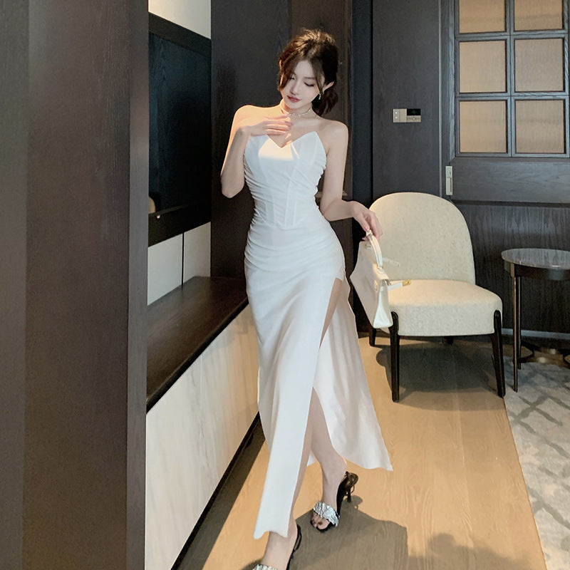 Strapless Ruched High-Slit Maxi Dress