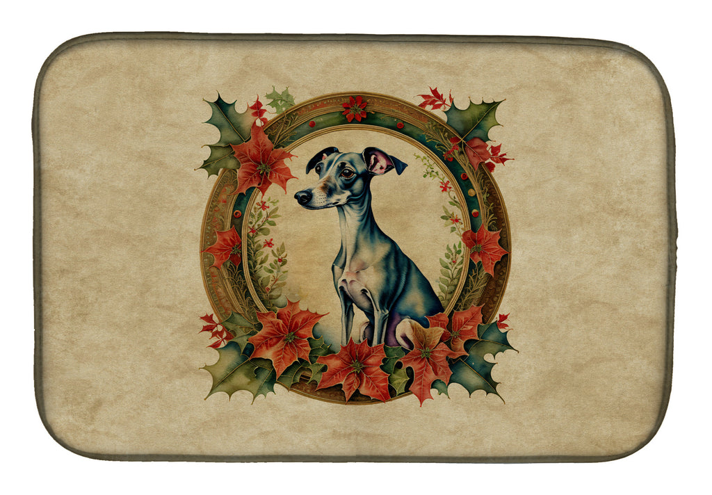Italian Greyhound Christmas Flowers Dish Drying Mat