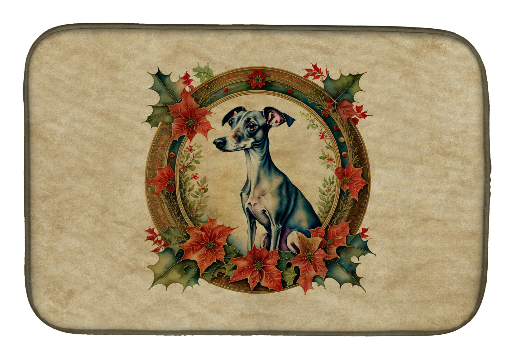 Italian Greyhound Christmas Flowers Dish Drying Mat
