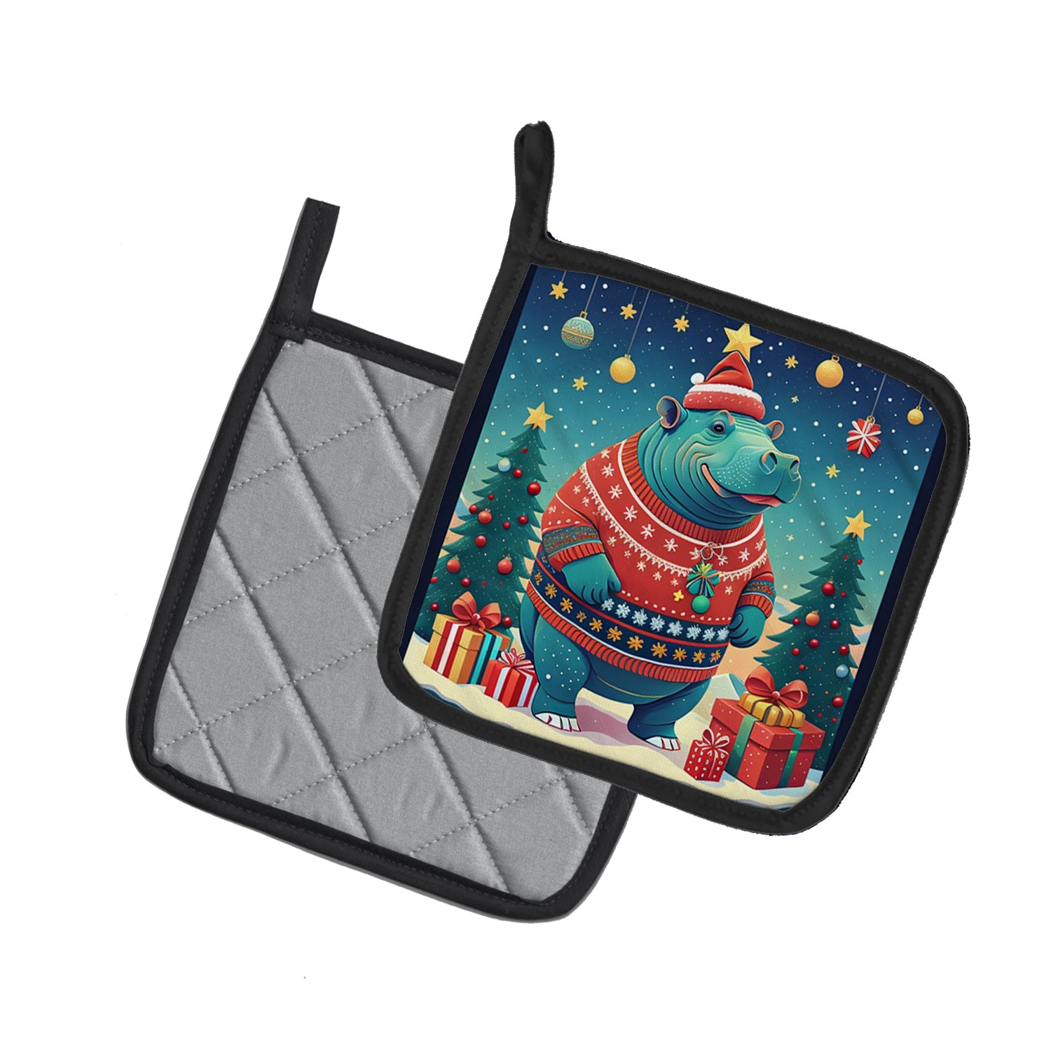 Hippopotamus Christmas Pair of Pot Holders