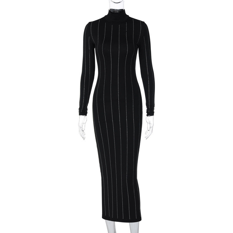 Elegant Rhinestone Slim Fit Turtleneck Dress for Ladies
