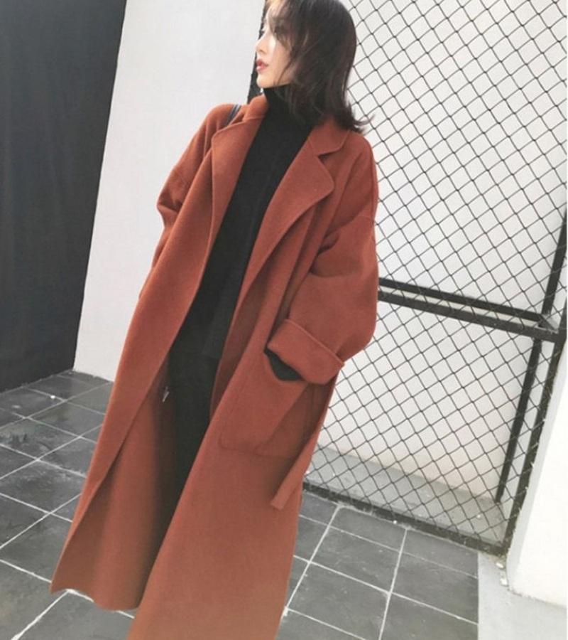 Mid-Length Women's Red Woolen Coat with Maple Leaf Design