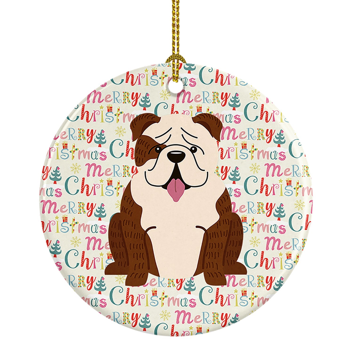 Merry Christmas English Bulldog Brindle White Ceramic Ornament
