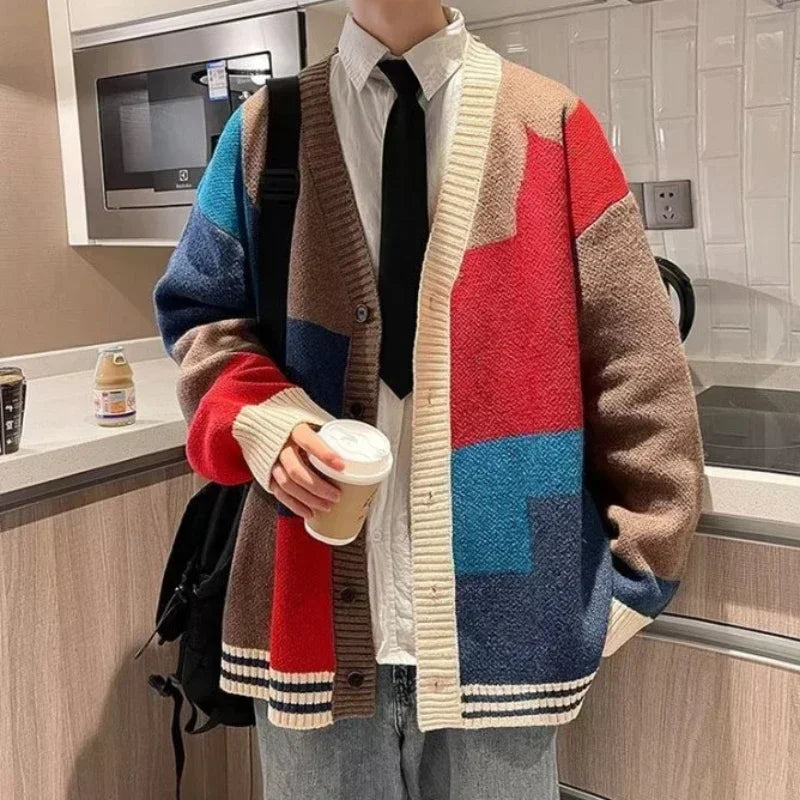 90s Vintage Red V-Neck Knit Sweater for Men