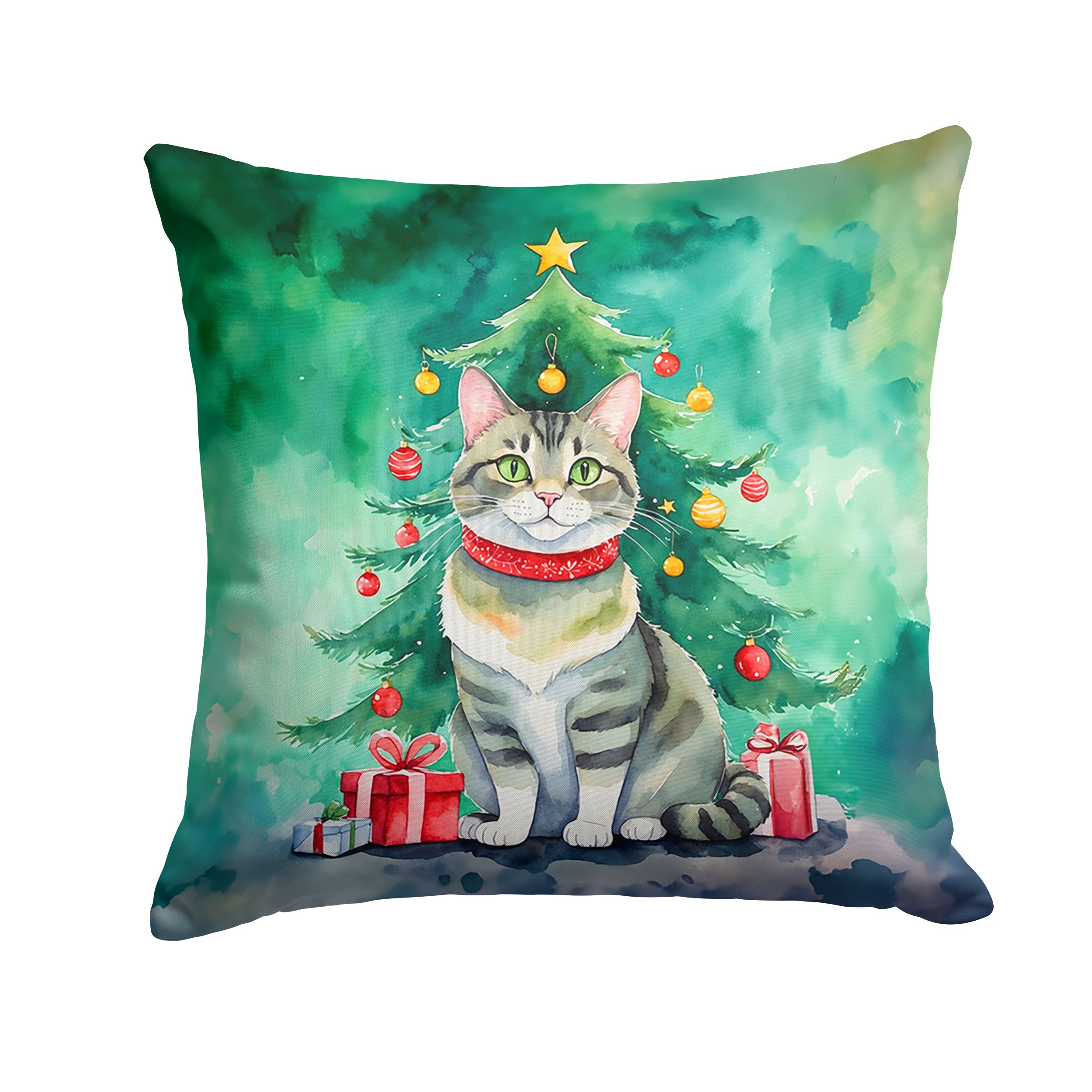 Raas Cat By the Christmas Tree Throw Pillow