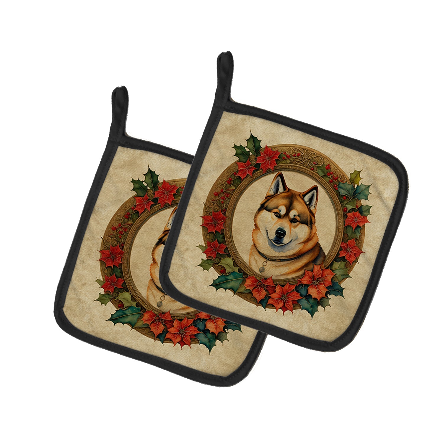 Akita Christmas Flowers Pair of Pot Holders