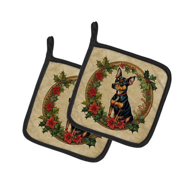 Miniature Pinscher Christmas Flowers Pair of Pot Holders