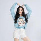 Blue Cartoon Knitted Jacket for Women - Spring Pullover | Streetwear