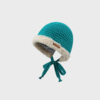 Cute Thickened Knit Wool Hat with Strap | Embroidered Cap