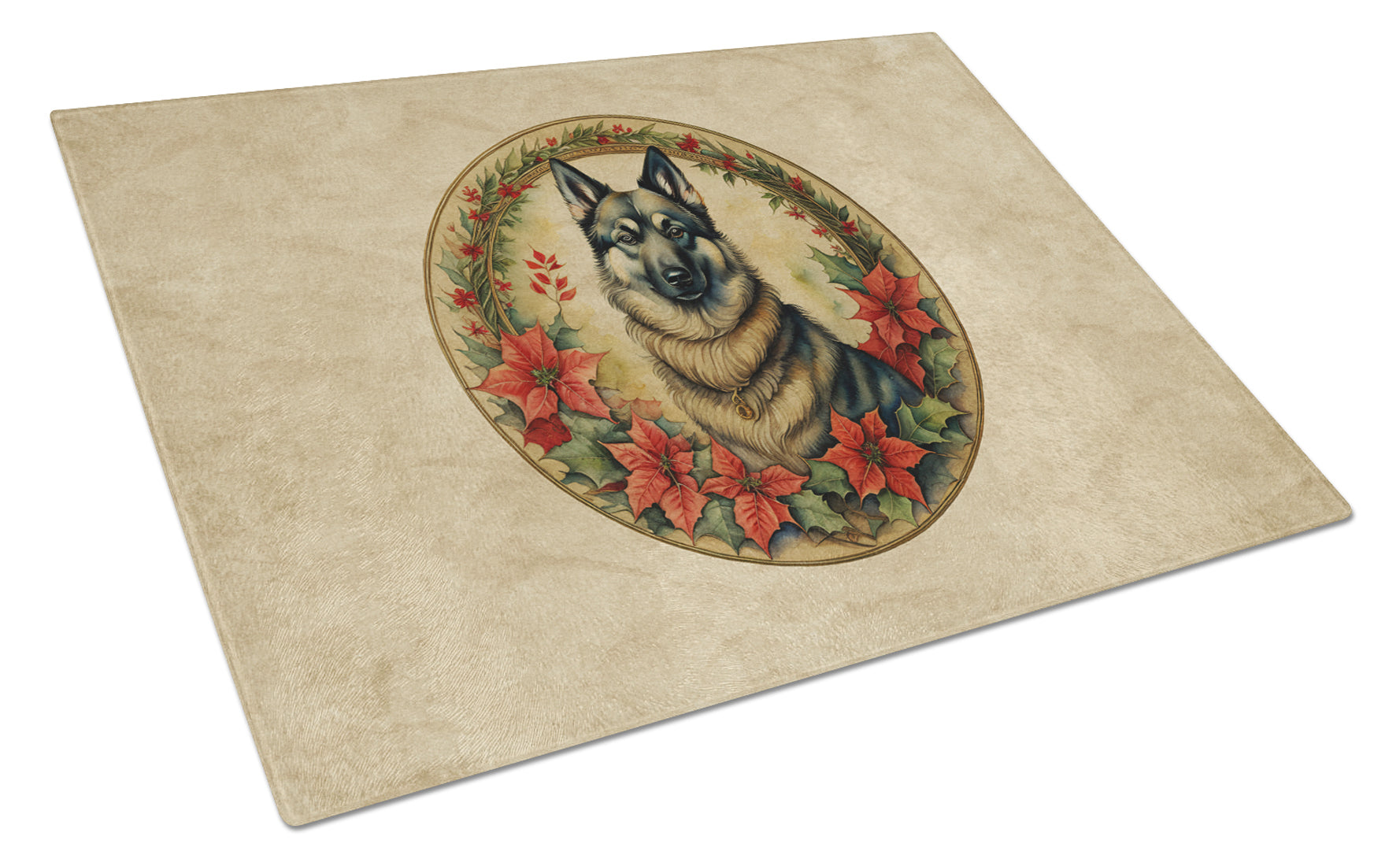 Norwegian Elkhound Christmas Flowers Glass Cutting Board