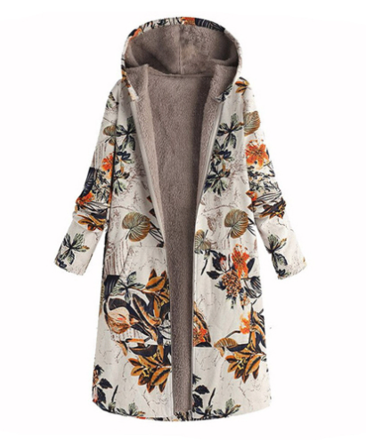 Vintage Print Cotton Hooded Zip Fleece Coat for Women