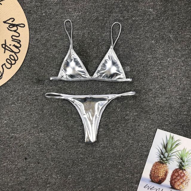 Women's Sequin Thong Bikini Set in Silver and Gold