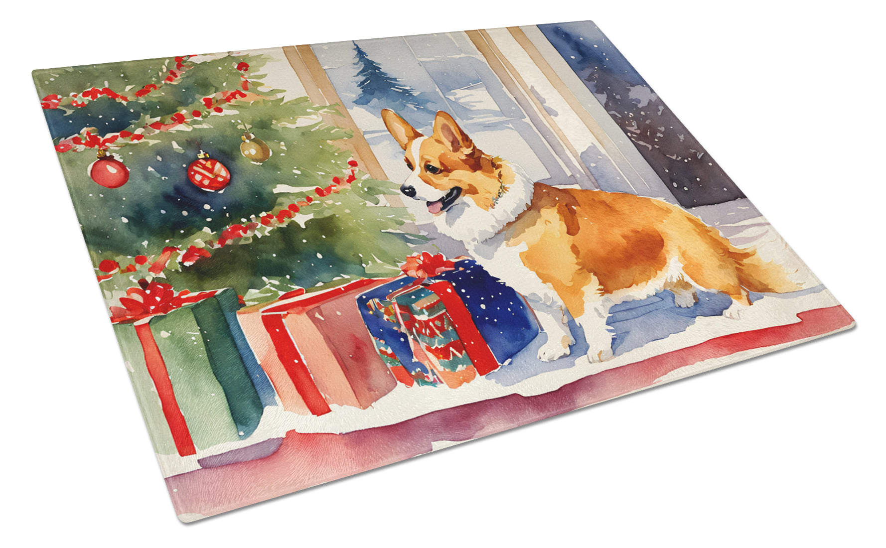Corgi Cozy Christmas Glass Cutting Board