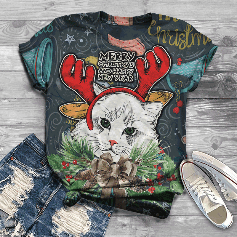 2020 Fall Women's Christmas Print T-Shirt, Short Sleeve | Streetwear