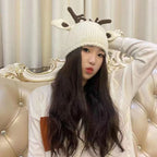 Handmade Knitted Hat - Funny Deer Design for Christmas | Embroidered Cap