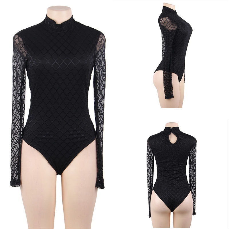 Elegant Women's Black Plaid Long-Sleeve Bodysuit
