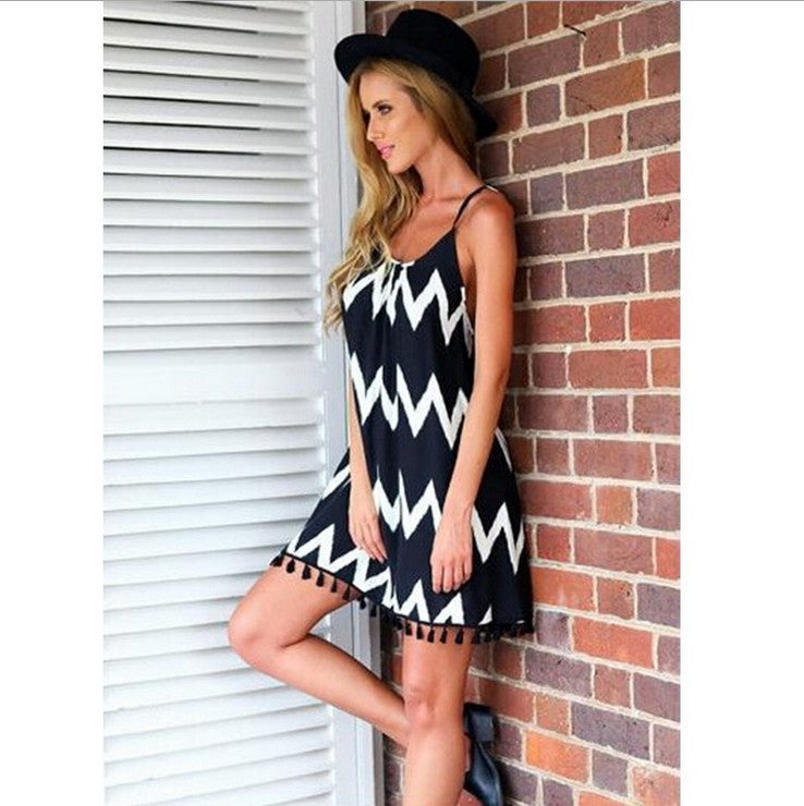 2020 Summer Wave Pattern Fringe Cami Dress