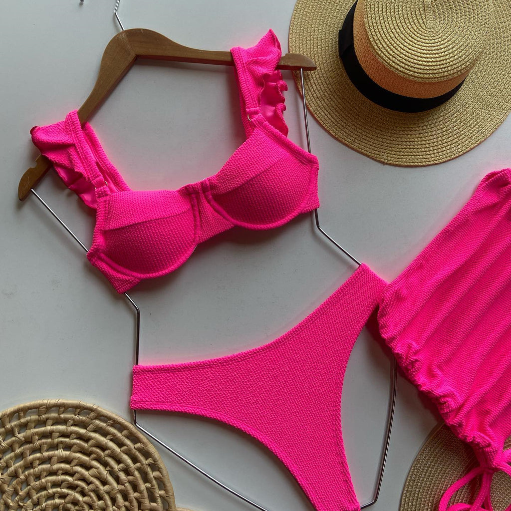 Hot Pink Three-Piece Bikini Set with Skirt