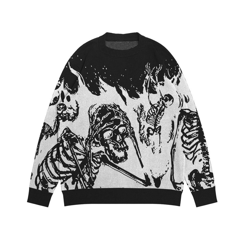 Flame Skull Jacquard Sweater for Teens - Loose Fit Top