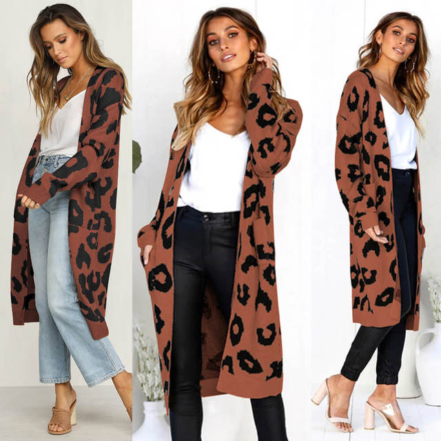 Women's Leopard Knitted Long Sleeve Cardigan Sweater