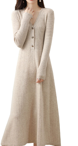 Elegant V-neck Wool Knitted Dress for Women