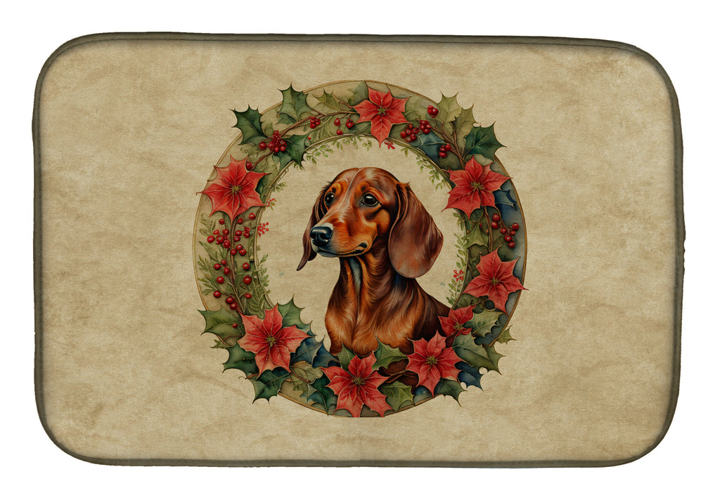 Dachshund Christmas Flowers Dish Drying Mat