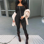 Autumn Winter Women's Ribbed Bodysuit with Square Neck