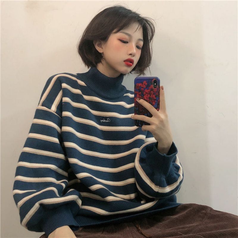 Women's Colorblock Striped Turtleneck Pullover Sweater | Streetwear
