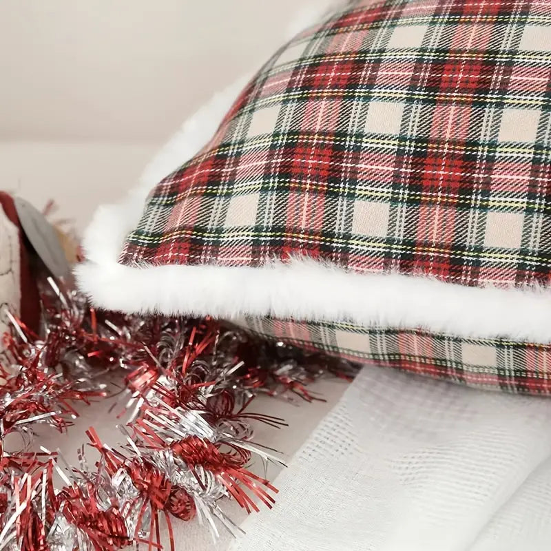 Christmas Red Plaid Pillow Case 18x18in with Rabbit Fur Trim