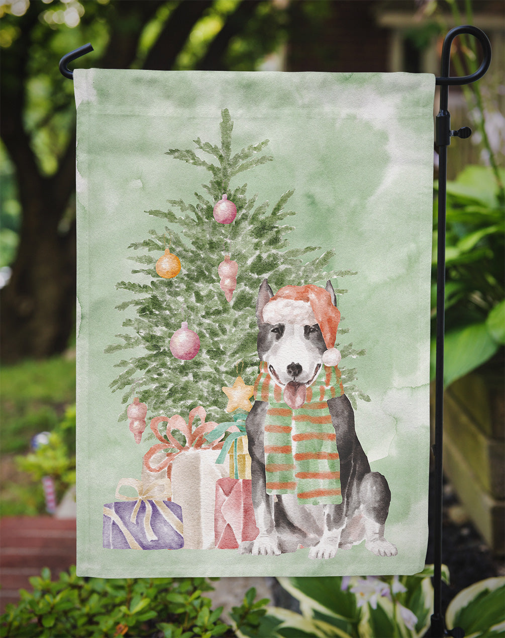 Bull Terrier Black Christmas Presents and Tree Garden Flag