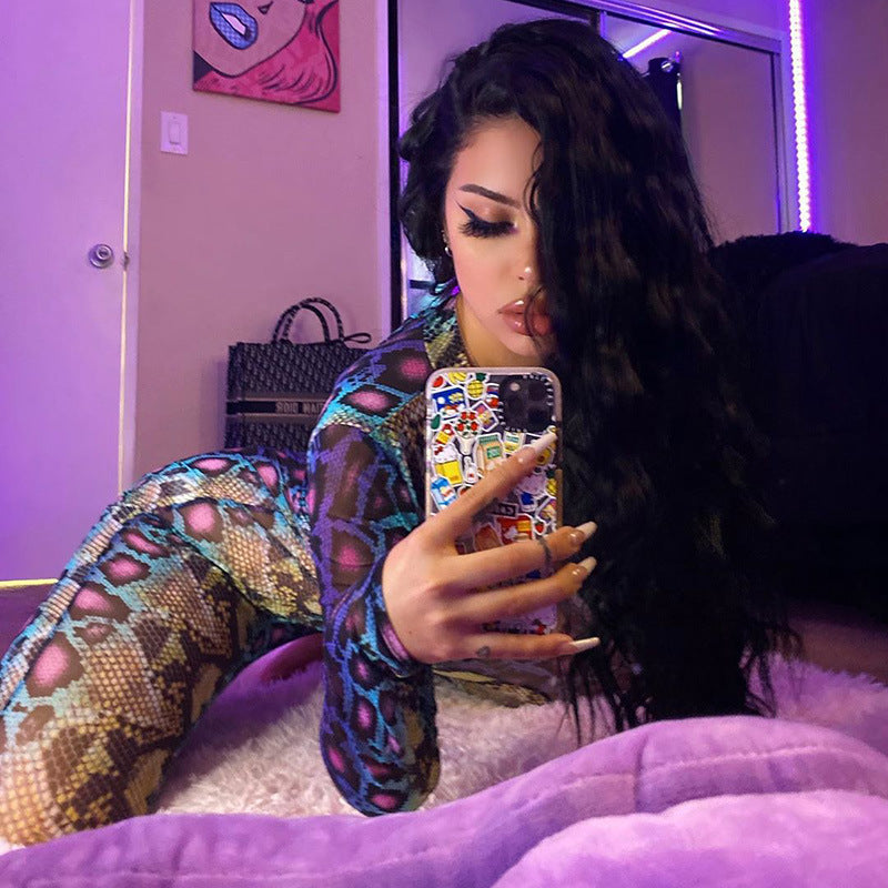 Summer Snake Print Long Sleeve Bodysuit Jumpsuit