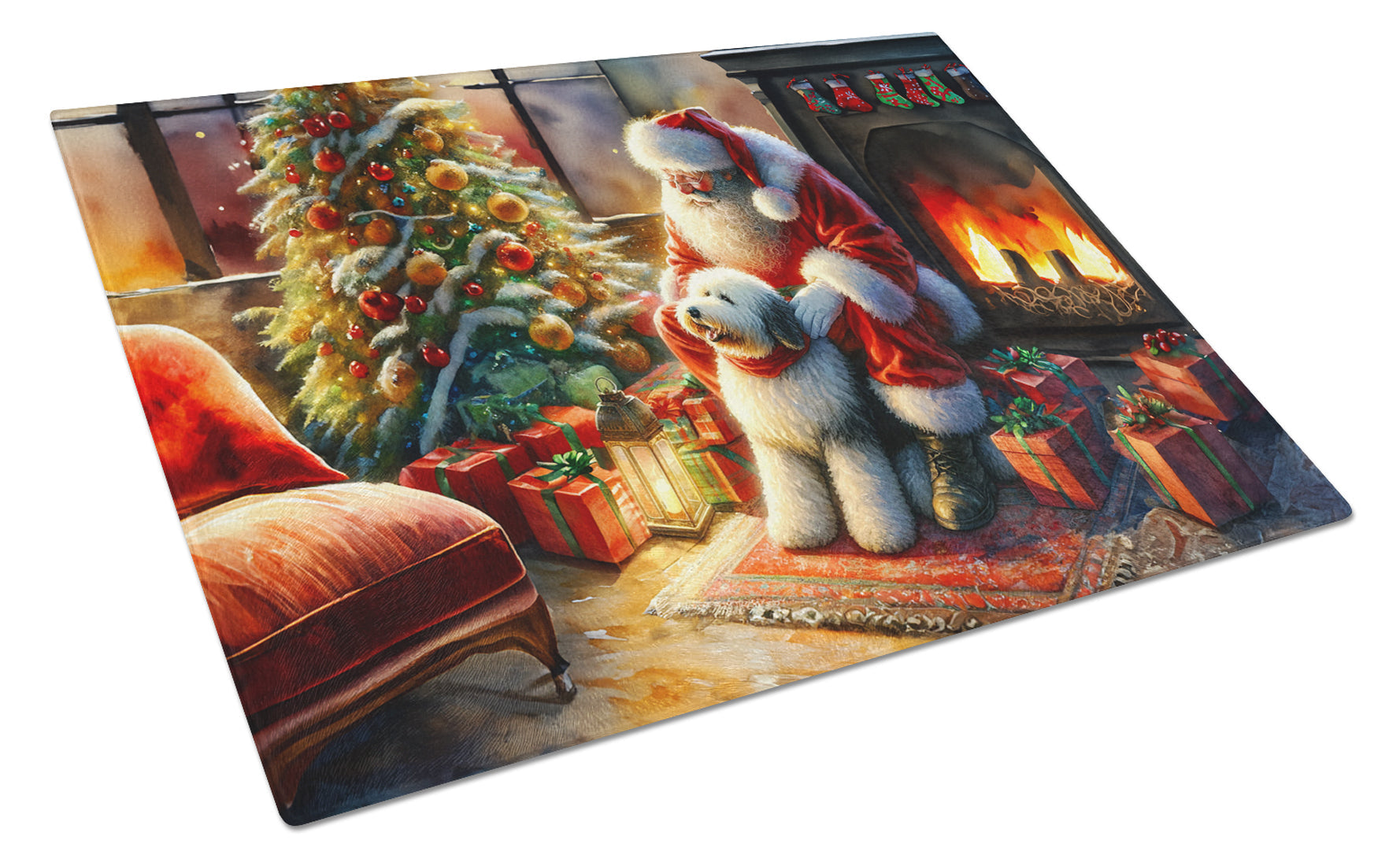 Old English Sheepdog and Santa Claus Glass Cutting Board