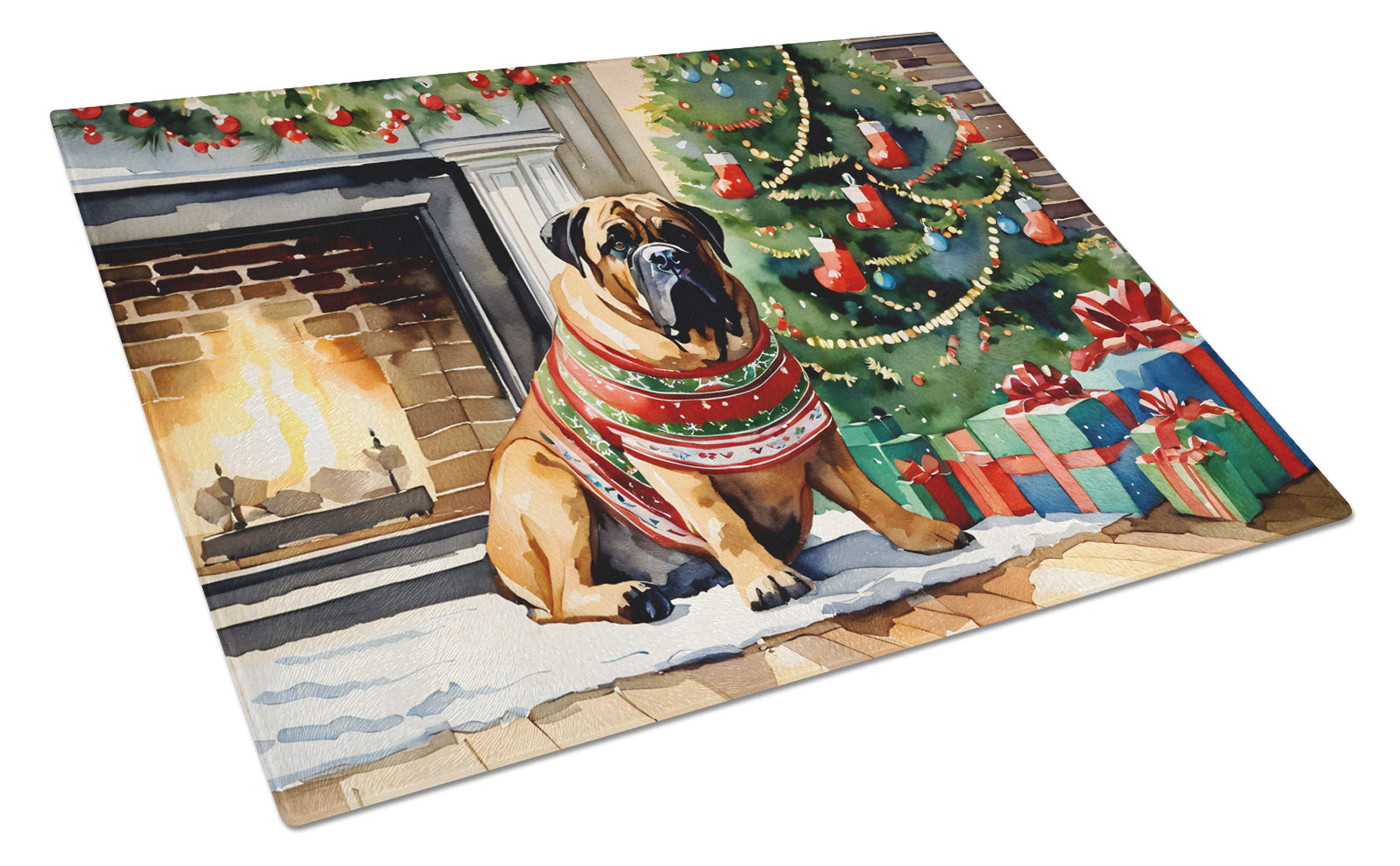 Bullmastiff Cozy Christmas Glass Cutting Board