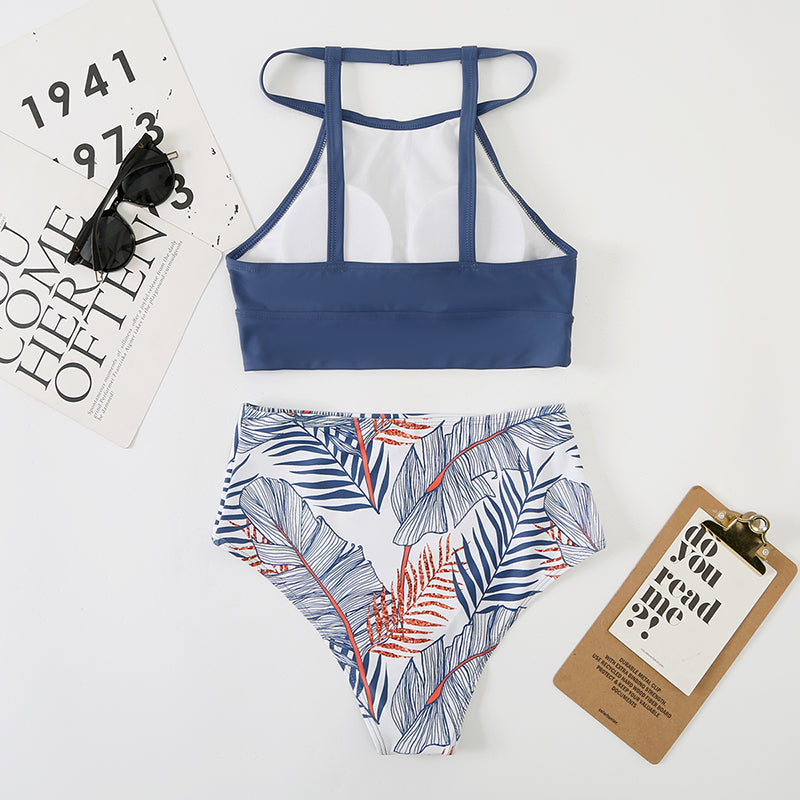 High Waist Women's High Neck Printed Bikini Swimsuit