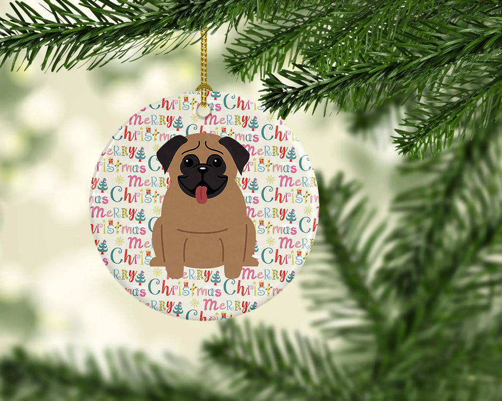 Merry Christmas Pug Brown Ceramic Ornament