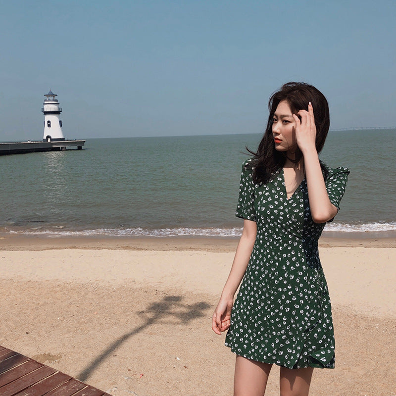 Vintage Floral V-Neck Wrap Dress for Summer