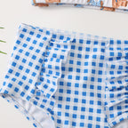 Cute Cartoon Bear Print Swimsuit and Plaid Shorts Set
