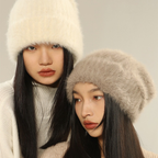 White Oversized Wool Knit Hat for Big Head Circumference | Embroidered Cap