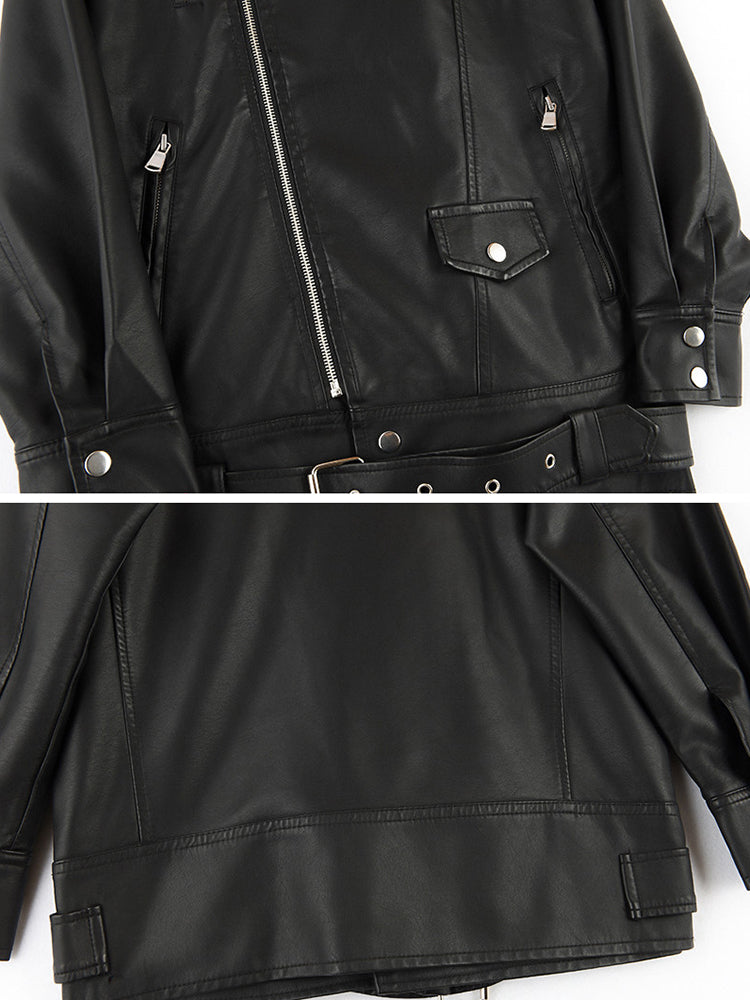 Sungtin Women's Black Faux Leather Jacket with Belt