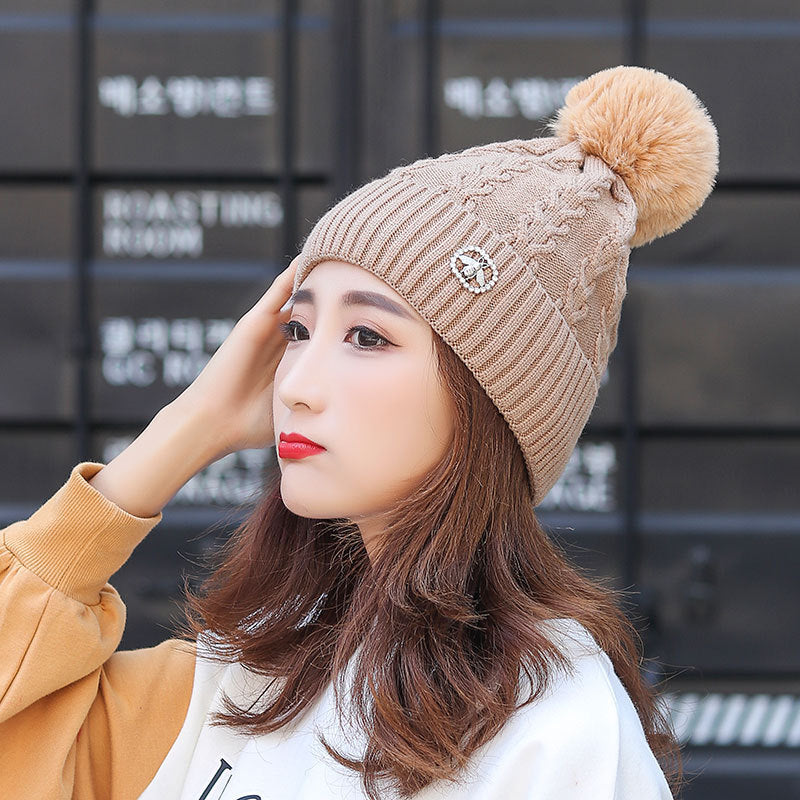 Warm Fleece-Lined Slouchy Knit Beanie with Pompom | Embroidered Cap
