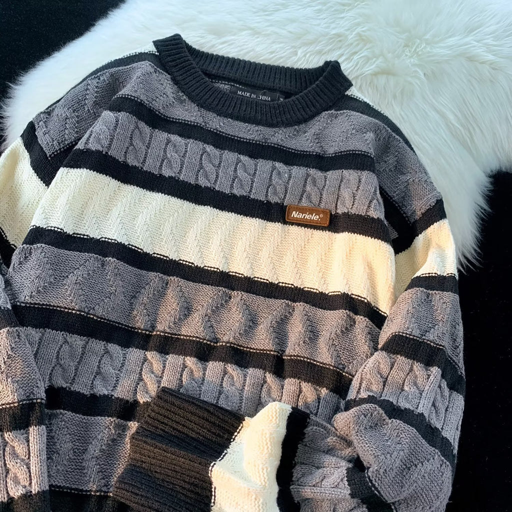 Men's Retro Twisted Contrast Striped Sweater